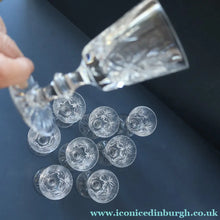 Load image into Gallery viewer, EDINBURGH CRYSTAL. Set of NINE Matching Sherry Glasses. STAR OF EDINBURGHPattern. 4 1/2 inches
