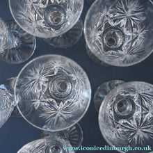 Load image into Gallery viewer, EDINBURGH CRYSTAL. Set of NINE Matching Sherry Glasses. STAR OF EDINBURGHPattern. 4 1/2 inches
