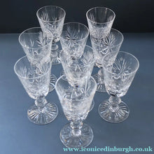 Load image into Gallery viewer, EDINBURGH CRYSTAL. Set of NINE Matching Sherry Glasses. STAR OF EDINBURGHPattern. 4 1/2 inches

