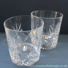 Load image into Gallery viewer, PAIR of Vintage Edinburgh Crystal Larger Old Fashioned Whisky Tumblers. STAR OF EDINBURGH. 3 1/2 inches
