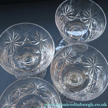 Load image into Gallery viewer, EDINBURGH CRYSTAL. Set of FOUR Champagne Coupes / Tall Sherbet Glasses. STAR OF EDINBURGH Pattern: 5 1/8 inches 

