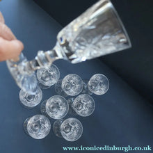 Load image into Gallery viewer, EDINBURGH CRYSTAL. Set of NINE Matching Sherry Glasses. STAR OF EDINBURGHPattern. 4 1/2 inches
