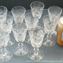 Load image into Gallery viewer, EDINBURGH CRYSTAL. Set of TEN Matching STAR OF EDINBURGH Sherry Glasses 4 1/2 inches in height
