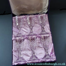Load image into Gallery viewer, Vintage BOXED SET of SIX Edinburgh Crystal Goblets. LOMOND PATTERN (Square Bowl). 6 1/8 inches
