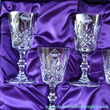 Load image into Gallery viewer, Edinburgh Crystal. Six Claret Wine Glasses. Lomond Pattern (Square Bowl). 6 1/8 inches Boxed - VINTAGE CRYSTAL GLASSES

