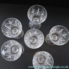 Load image into Gallery viewer, Edinburgh Crystal. Six Claret Wine Glasses. Lomond Pattern (Square Bowl). 6 1/8 inches Boxed - VINTAGE CRYSTAL GLASSES
