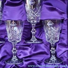 Load image into Gallery viewer, Edinburgh Crystal. Six Claret Wine Glasses. Lomond Pattern (Square Bowl). 6 1/8 inches Boxed - VINTAGE CRYSTAL GLASSES
