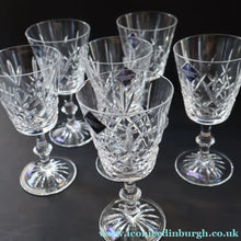 Load image into Gallery viewer, Edinburgh Crystal. Six Claret Wine Glasses. Lomond Pattern (Square Bowl). 6 1/8 inches Boxed - VINTAGE CRYSTAL GLASSES
