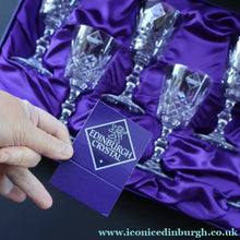 Load image into Gallery viewer, Edinburgh Crystal. Six Claret Wine Glasses. Lomond Pattern (Square Bowl). 6 1/8 inches Boxed - VINTAGE CRYSTAL GLASSES
