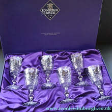 Load image into Gallery viewer, Edinburgh Crystal. Six Claret Wine Glasses. Lomond Pattern (Square Bowl). 6 1/8 inches Boxed - VINTAGE CRYSTAL GLASSES
