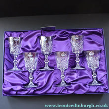Load image into Gallery viewer, Edinburgh Crystal. Six Claret Wine Glasses. Lomond Pattern (Square Bowl). 6 1/8 inches Boxed - VINTAGE CRYSTAL GLASSES
