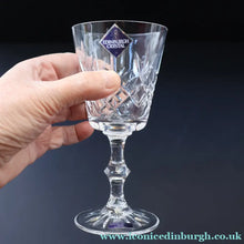Load image into Gallery viewer, Edinburgh Crystal. Six Claret Wine Glasses. Lomond Pattern (Square Bowl). 6 1/8 inches Boxed - VINTAGE CRYSTAL GLASSES
