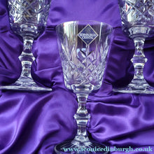 Load image into Gallery viewer, Edinburgh Crystal. Six Claret Wine Glasses. Lomond Pattern (Square Bowl). 6 1/8 inches Boxed - VINTAGE CRYSTAL GLASSES
