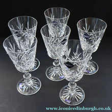 Load image into Gallery viewer, Edinburgh Crystal. Six Claret Wine Glasses. Lomond Pattern (Square Bowl). 6 1/8 inches Boxed - VINTAGE CRYSTAL GLASSES
