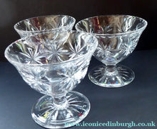 Load image into Gallery viewer, EDINBURGH CRYSTAL THREE Matching Sundae Dishes or Bowls. Excellent Vintage Condition with Shorter Stem and Engraved
