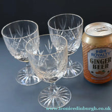 Load image into Gallery viewer, EDINBURGH CRYSTAL. THREE Small Wine Glasses LOMOND PATTERN (Round Bowl). 4 3/4 inches
