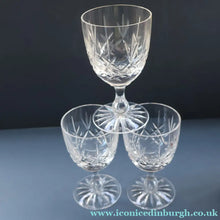 Load image into Gallery viewer, EDINBURGH CRYSTAL. THREE Small Wine Glasses LOMOND PATTERN (Round Bowl). 4 3/4 inches

