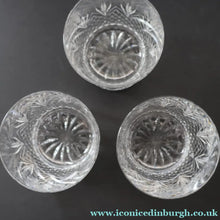 Load image into Gallery viewer, Edinburgh Crystal. Three Stylish Whisky Tumblers. Unidentified Pattern. 3 1/4 inches - VINTAGE CRYSTAL GLASSES
