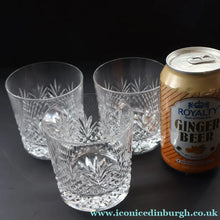 Load image into Gallery viewer, Edinburgh Crystal. Three Stylish Whisky Tumblers. Unidentified Pattern. 3 1/4 inches - VINTAGE CRYSTAL GLASSES
