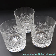 Load image into Gallery viewer, Edinburgh Crystal. Three Stylish Whisky Tumblers. Unidentified Pattern. 3 1/4 inches - VINTAGE CRYSTAL GLASSES
