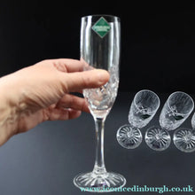 Load image into Gallery viewer, Edinburgh Crystal. Vintage Four Tall CHAMPAGNE Flute Glasses. Kelso Pattern. 8 1/4 inches - VINTAGE CRYSTAL GLASSES

