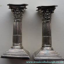 Load image into Gallery viewer, EDWARDIAN: Fine Pair of William Hutton &amp; Sons (Sheffield) Silver Plated Dwarf Corinthian Column Candlesticks
