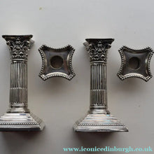 Load image into Gallery viewer, EDWARDIAN: Fine Pair of William Hutton &amp; Sons (Sheffield) Silver Plated Dwarf Corinthian Column Candlesticks
