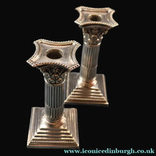 Load image into Gallery viewer, EDWARDIAN: Fine Pair of William Hutton &amp; Sons (Sheffield) Silver Plated Dwarf Corinthian Column Candlesticks - Silver
