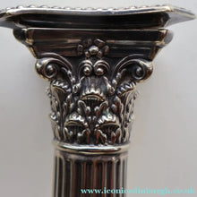 Load image into Gallery viewer, EDWARDIAN: Fine Pair of William Hutton &amp; Sons (Sheffield) Silver Plated Dwarf Corinthian Column Candlesticks
