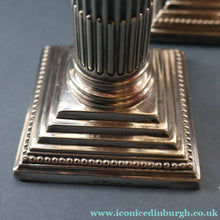 Load image into Gallery viewer, EDWARDIAN: Fine Pair of William Hutton &amp; Sons (Sheffield) Silver Plated Dwarf Corinthian Column Candlesticks

