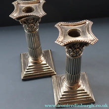Load image into Gallery viewer, EDWARDIAN: Fine Pair of William Hutton &amp; Sons (Sheffield) Silver Plated Dwarf Corinthian Column Candlesticks
