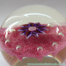 Load image into Gallery viewer, Exquisite Paul Ysart HARLAND PAPERWEIGHT; with Pink Ground,  Glitter Flowerpiece and Controlled Air Bubbles. Signed with H Cane
