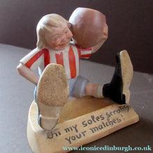 Load image into Gallery viewer, Antique Porcelain Match Holder &amp; Striker by Schafer &amp; Vater. FOOTBALLER HOLDING A FOOTBALL

