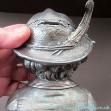 Load image into Gallery viewer, Antique Silver Plate Inkwell. Young Austrian Boy Wearing a Hat with Large Feather  
