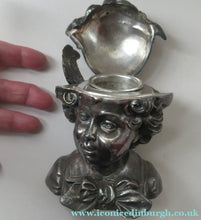 Load image into Gallery viewer, Antique Silver Plate Inkwell. Young Austrian Boy Wearing a Hat with Large Feather  

