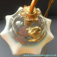 Load image into Gallery viewer, Edwardian Rise and Fall Table Lamp. Decorative Brass Lamp with Old Vaseline Glass Shade. Fully Rewired
