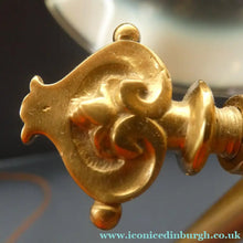 Load image into Gallery viewer, Edwardian Rise and Fall Table Lamp. Decorative Brass Lamp with Old Vaseline Glass Shade. Fully Rewired
