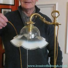 Load image into Gallery viewer, Edwardian Rise and Fall Table Lamp. Decorative Brass Lamp with Old Vaseline Glass Shade. Fully Rewired

