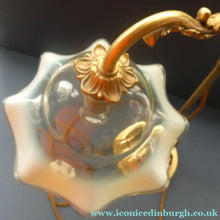 Load image into Gallery viewer, Edwardian Rise and Fall Table Lamp. Decorative Brass Lamp with Old Vaseline Glass Shade. Fully Rewired
