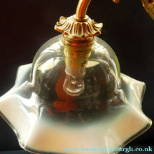 Load image into Gallery viewer, Edwardian Rise and Fall Table Lamp. Decorative Brass Lamp with Old Vaseline Glass Shade. Fully Rewired
