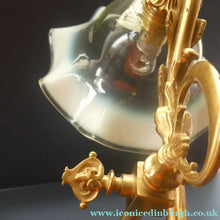 Load image into Gallery viewer, Edwardian Rise and Fall Table Lamp. Decorative Brass Lamp with Old Vaseline Glass Shade. Fully Rewired
