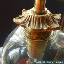 Load image into Gallery viewer, Edwardian Rise and Fall Table Lamp. Decorative Brass Lamp with Old Vaseline Glass Shade. Fully Rewired
