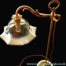 Load image into Gallery viewer, Edwardian Rise and Fall Table Lamp. Decorative Brass Lamp with Old Vaseline Glass Shade. Fully Rewired

