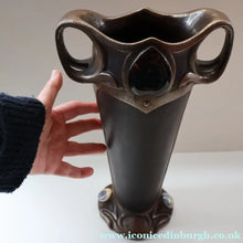 Load image into Gallery viewer, Fabulous LARGE 1900s Antique BRETBY ’Copperette’ Art Nouveau Vase with Jewelled Cabochons - British Ceramics
