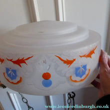 Load image into Gallery viewer, Large ART DECO Glass "Goldfish Bowl" Hanging Lamp Shade. Frosted White Glass with Stencilled &amp; Etched Design
