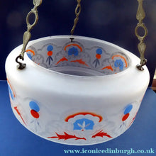 Load image into Gallery viewer, Large ART DECO Glass "Goldfish Bowl" Hanging Lamp Shade. Frosted White Glass with Stencilled &amp; Etched Design
