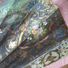 Load image into Gallery viewer, Antique FRAMED Hand Painted Fan with mother of pearl sticks and guards:  shaped, carved, pierced and gilt. FETE GALANTE design
