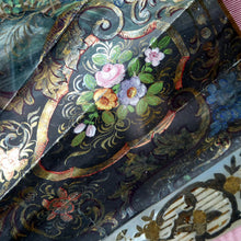 Load image into Gallery viewer, Antique FRAMED Hand Painted Fan with mother of pearl sticks and guards:  shaped, carved, pierced and gilt. FETE GALANTE design
