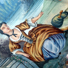 Load image into Gallery viewer, Antique FRAMED Hand Painted Fan with mother of pearl sticks and guards:  shaped, carved, pierced and gilt. FETE GALANTE design
