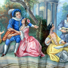 Load image into Gallery viewer, Antique FRAMED Hand Painted Fan with mother of pearl sticks and guards:  shaped, carved, pierced and gilt. FETE GALANTE design
